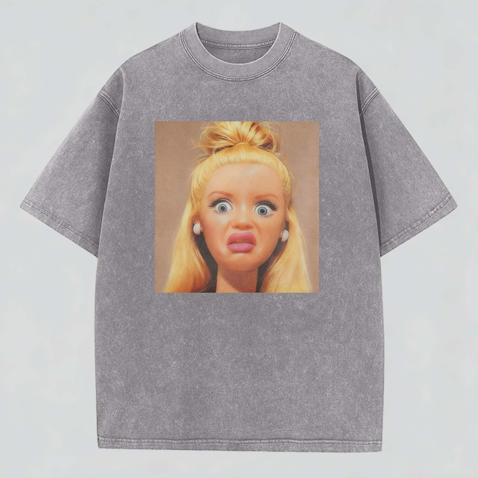 Shocked Face Print Washed Cotton Crew Neck T-Shirt