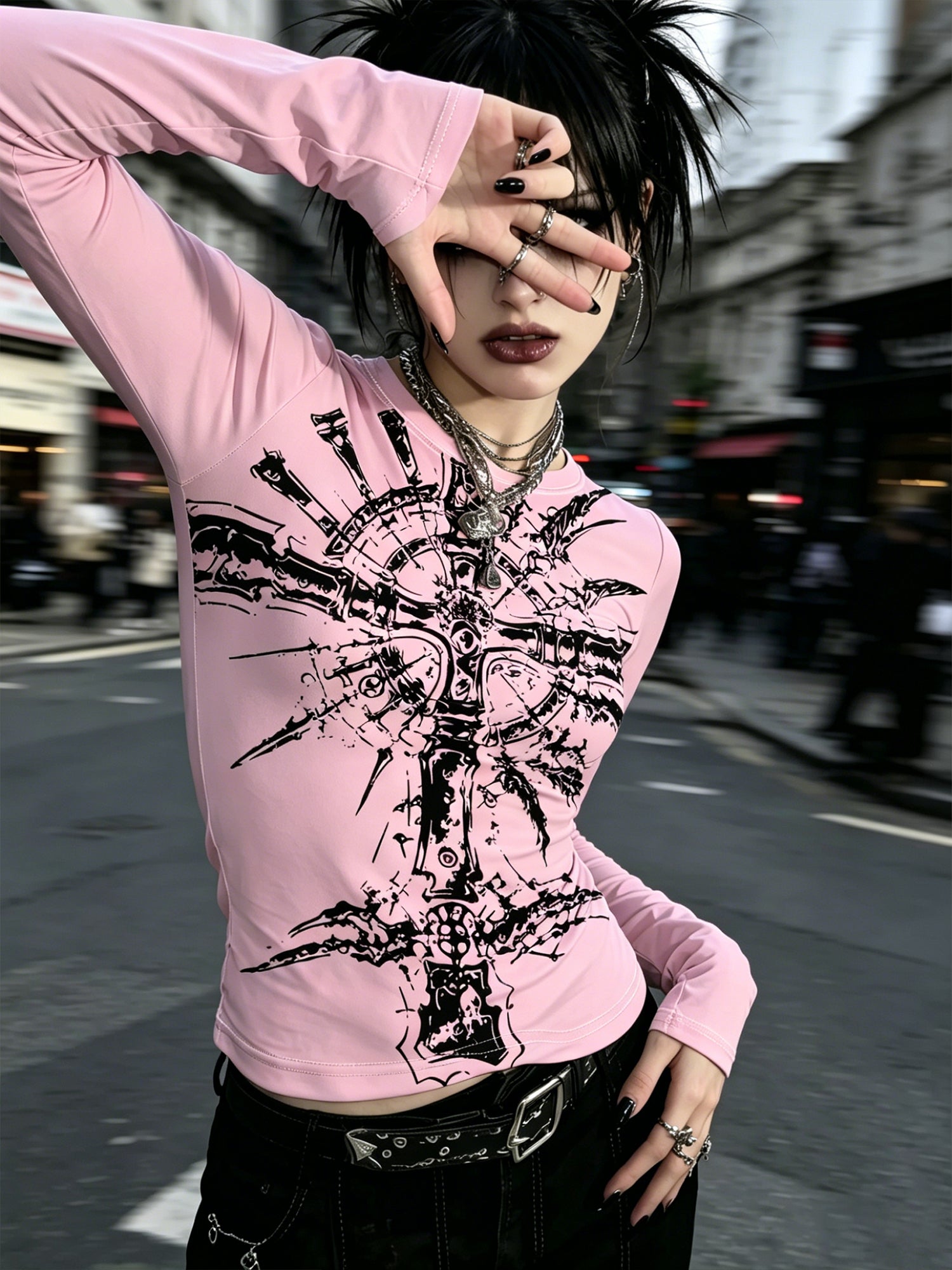 Dark Gothic Round-Neck Winged Retro Long-Sleeve Tee