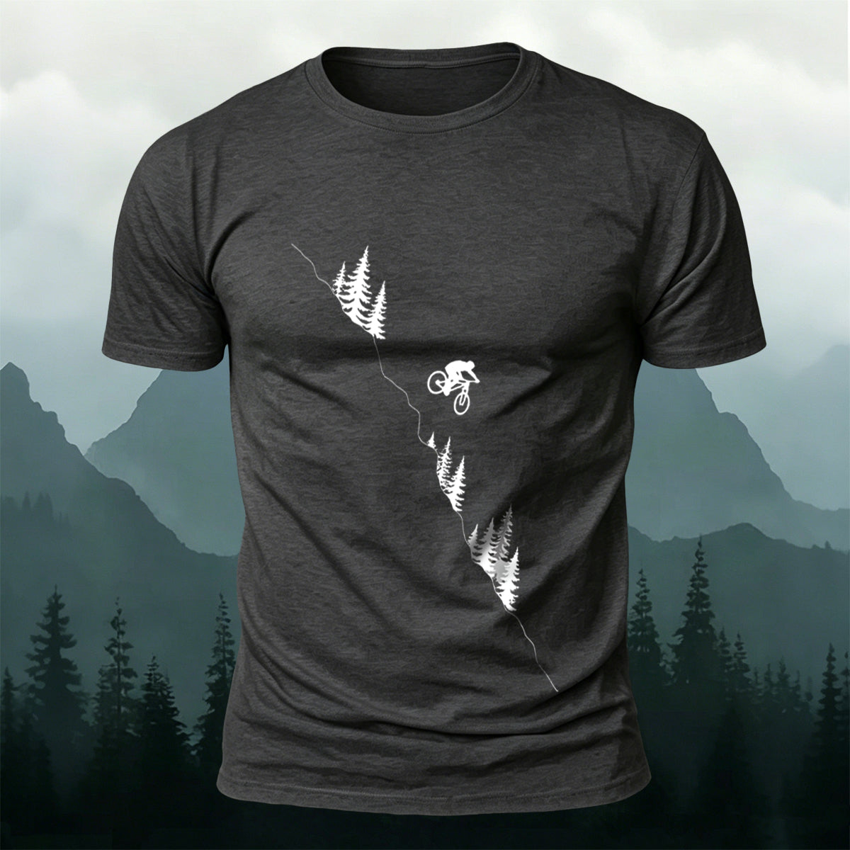 Mountain and Forest Cycling Silhouette Print  Cotton Outdoor T-Shirt