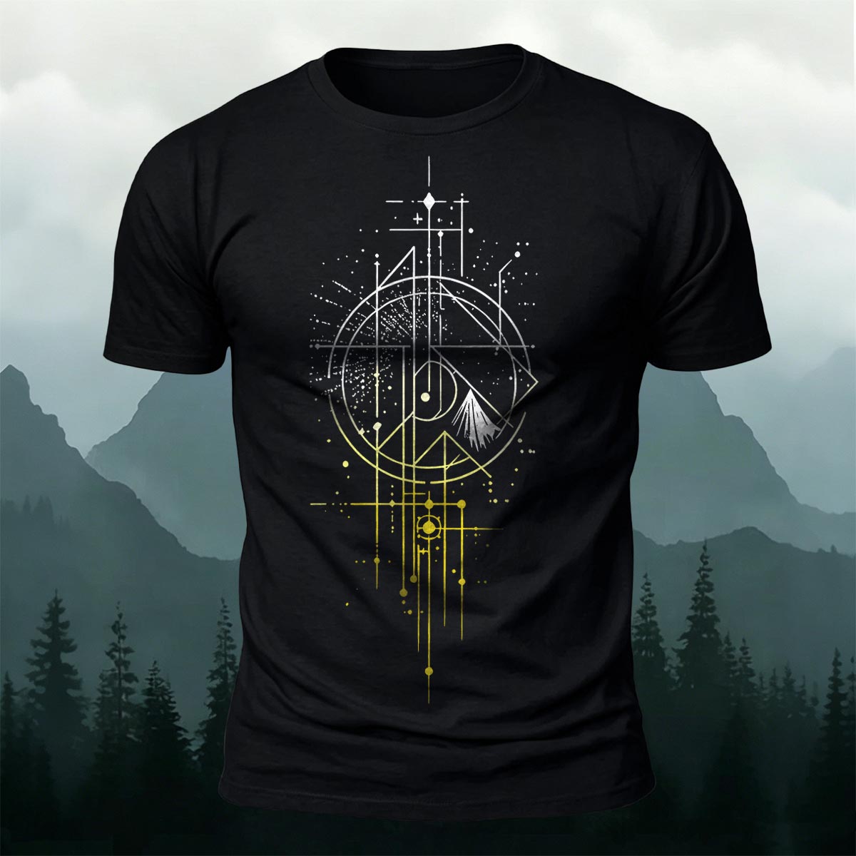 Line Gradient Mountain Print Premium Cotton T-Shirt Black