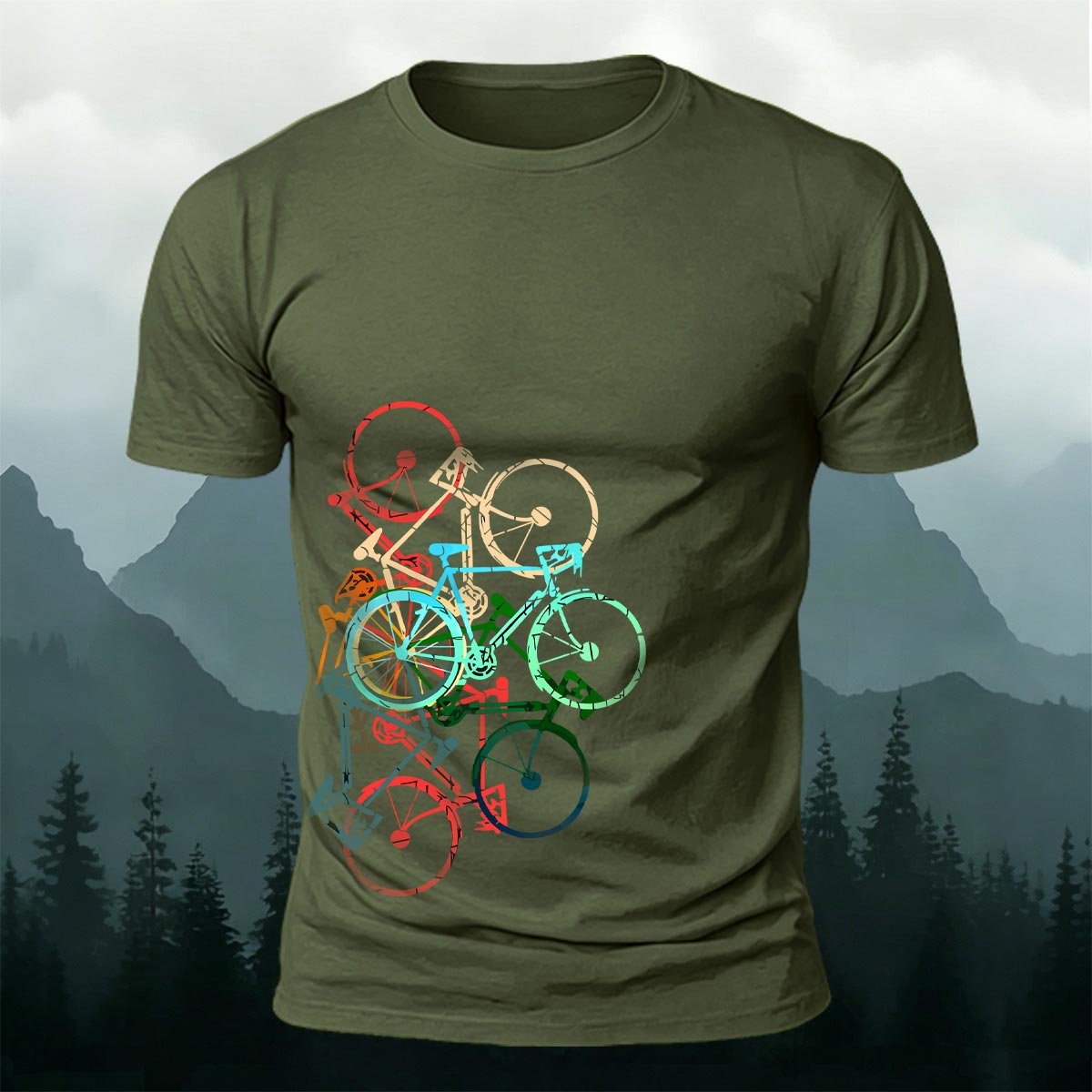 Colorful Bicycle Printed Soft-touch Feel Casual T-Shirt