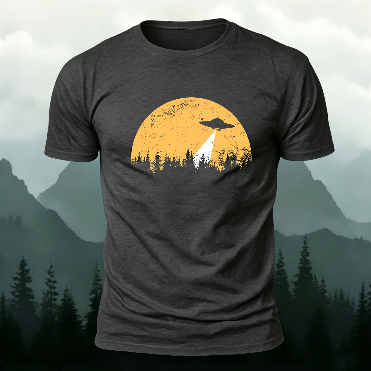 Alien Spaceship Pattern Skin-Friendly Casual T-Shirt Dark Grey