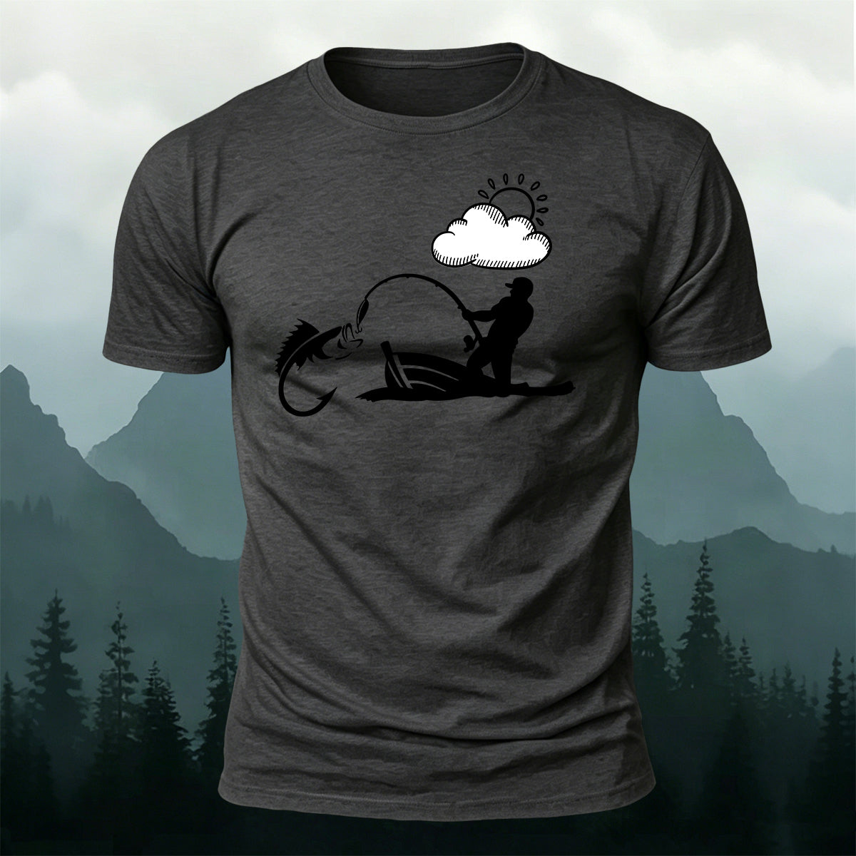 Outdoor Fishing Silhouette Print  Round-Neck Cotton T-Shirt