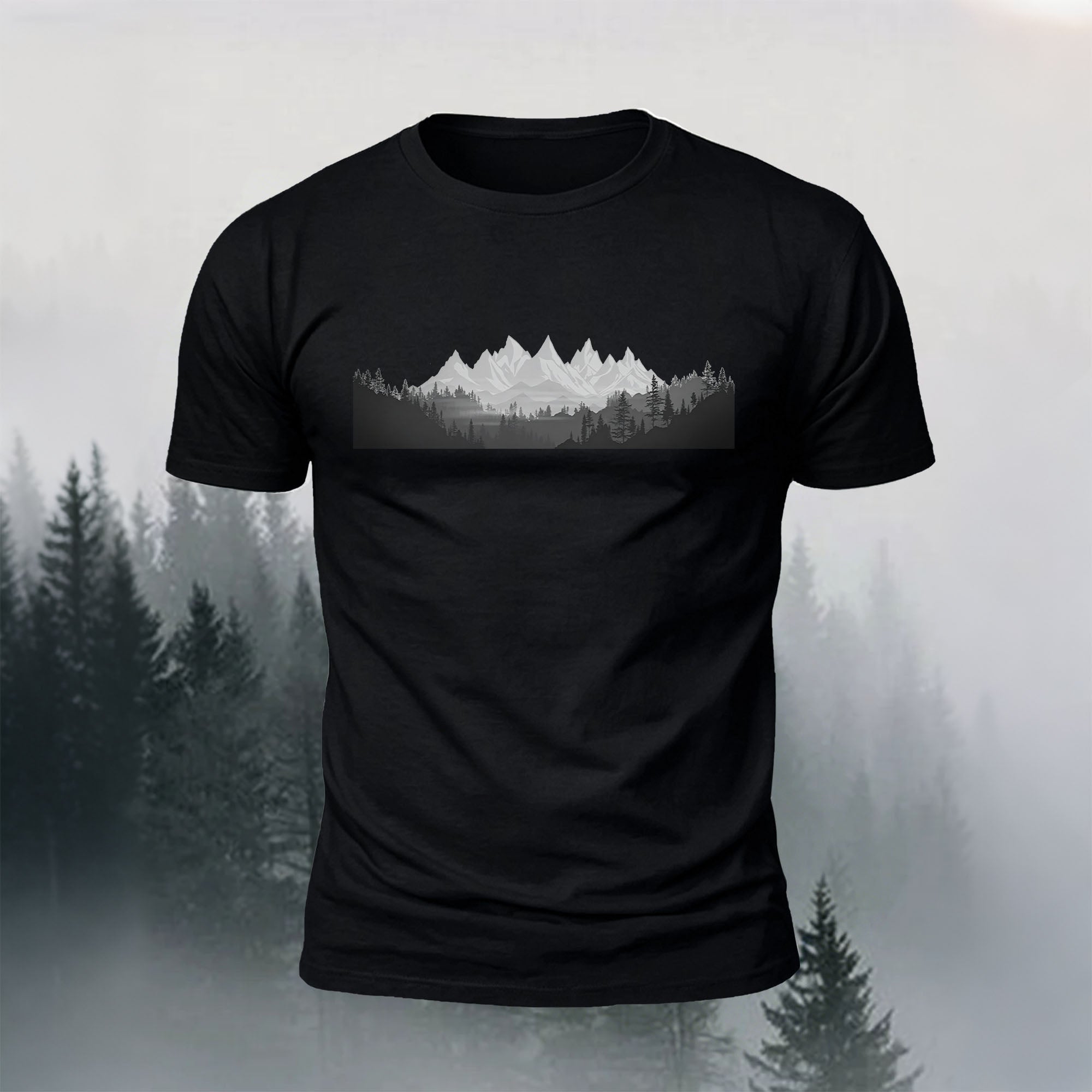 Mountain Forest Print Casual Comfortable T-Shirt Black