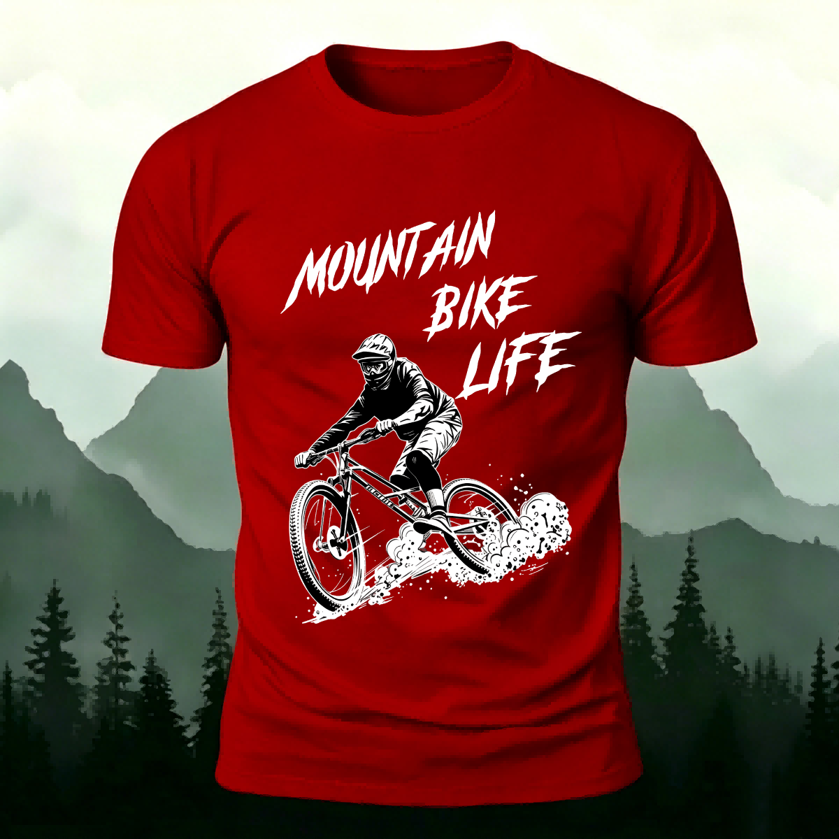 Mountain Biking Print Breathable Material T-Shirt Red