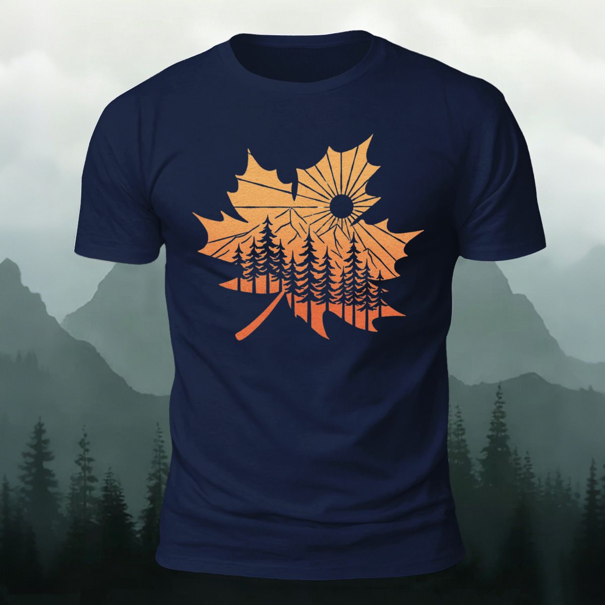 Maple Leaf Pattern Premium Cotton T-Shirt Navy
