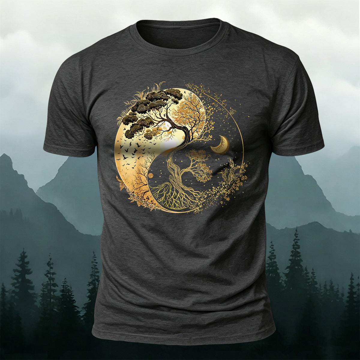 Yin-Yang Tai Chi Tree Design Casual Cotton T-Shirt Dark Grey
