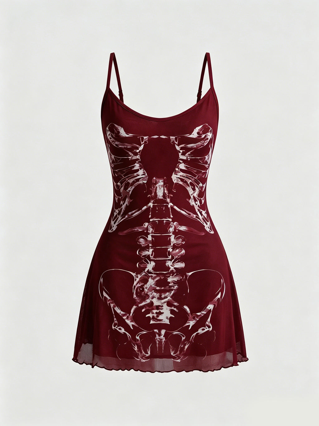 Dark-themed Skeleton-Print Bodycon Spaghetti-Strap Dress