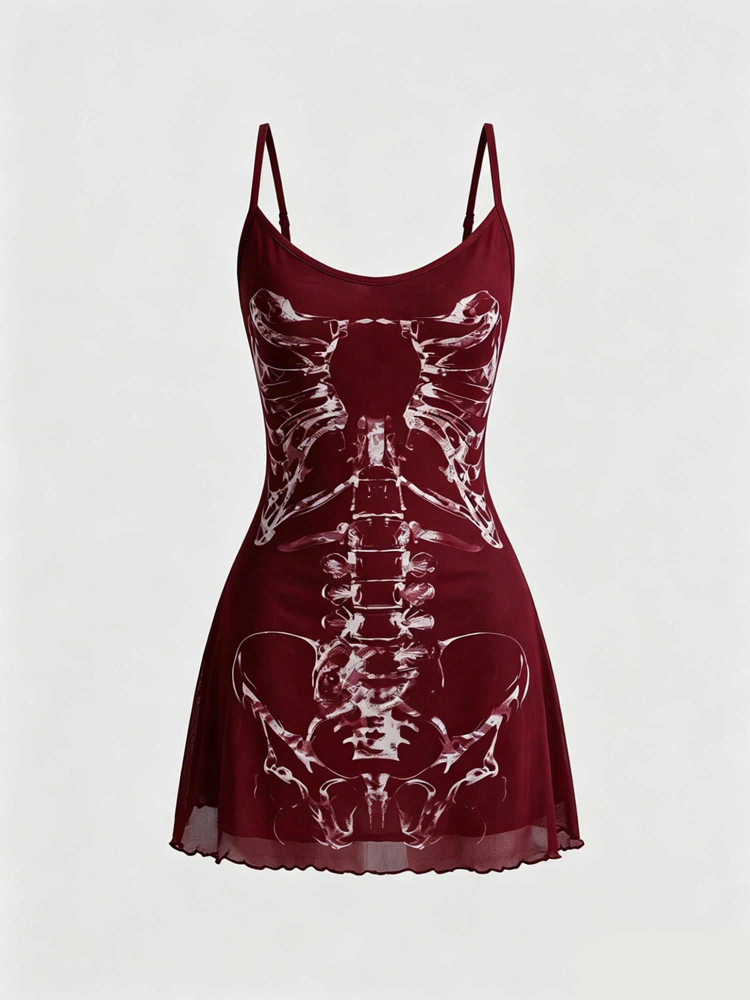 Dark-themed Skeleton-Print Bodycon Spaghetti-Strap Dress