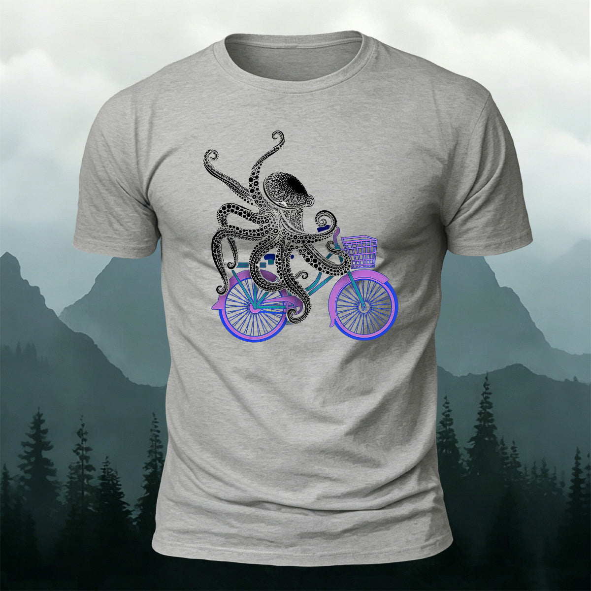 Octopus Cycling Fun Print Cotton Casual T-Shirt Grey