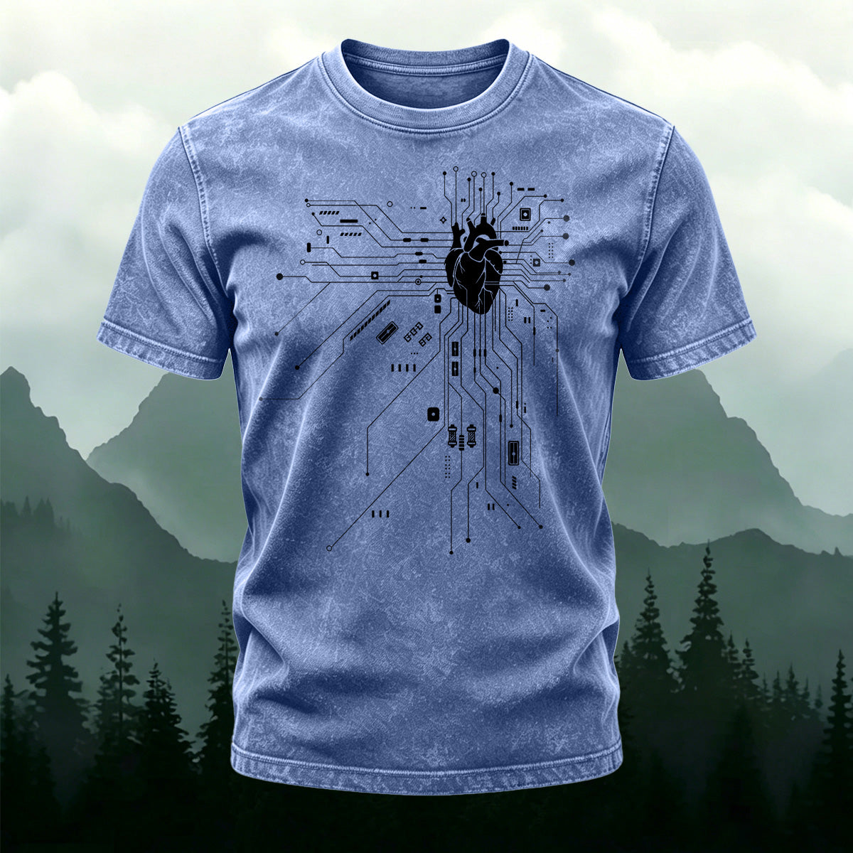Heart Circuit Pattern Casual Washed Cotton T-Shirt
