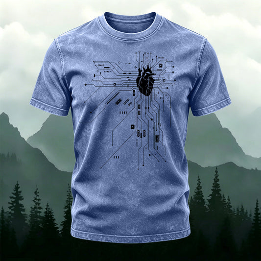 Heart Circuit Pattern Casual Washed Cotton T-Shirt