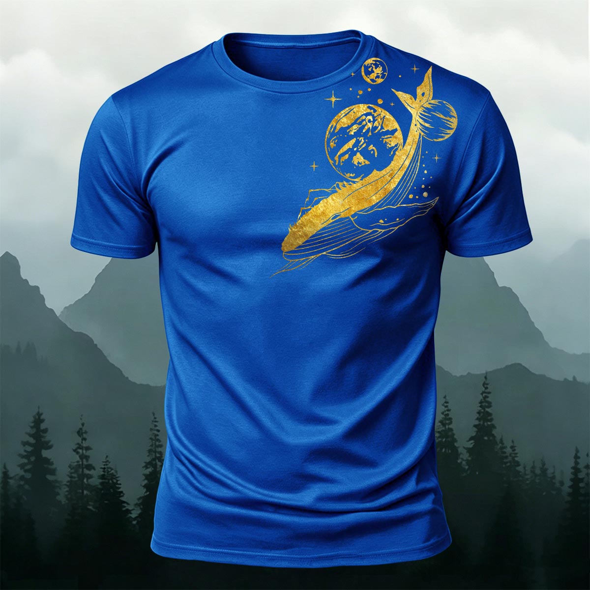 Whale and Space Print Casual Cotton T-Shirt Blue