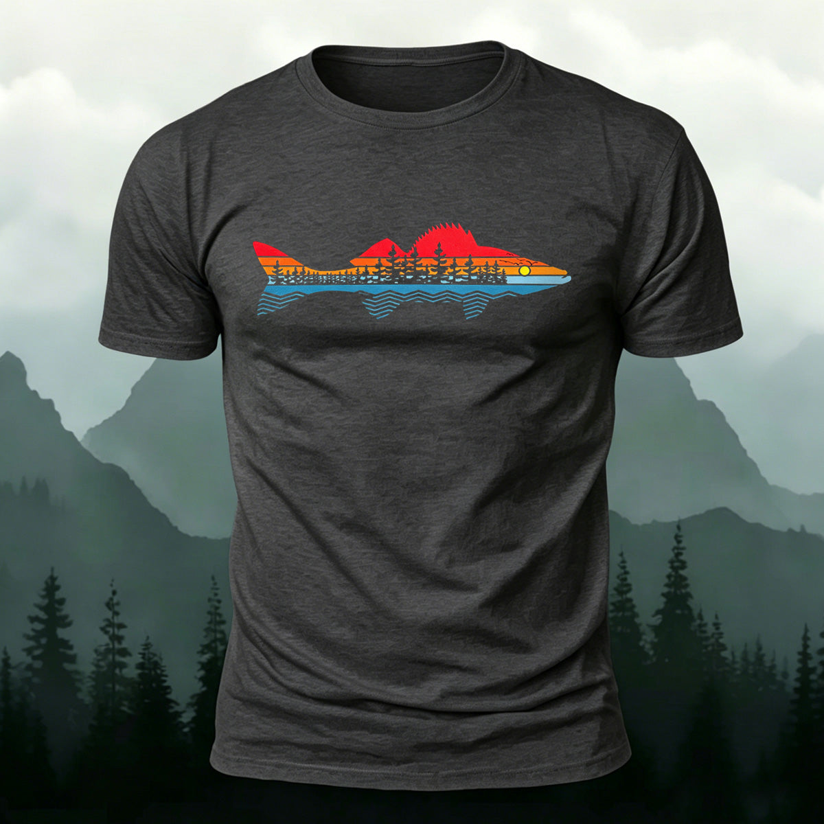 Morning Fishing Background Print Combed Cotton T-Shirt
