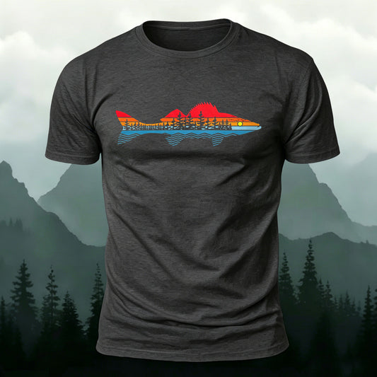 Morning Fishing Background Print Combed Cotton T-Shirt