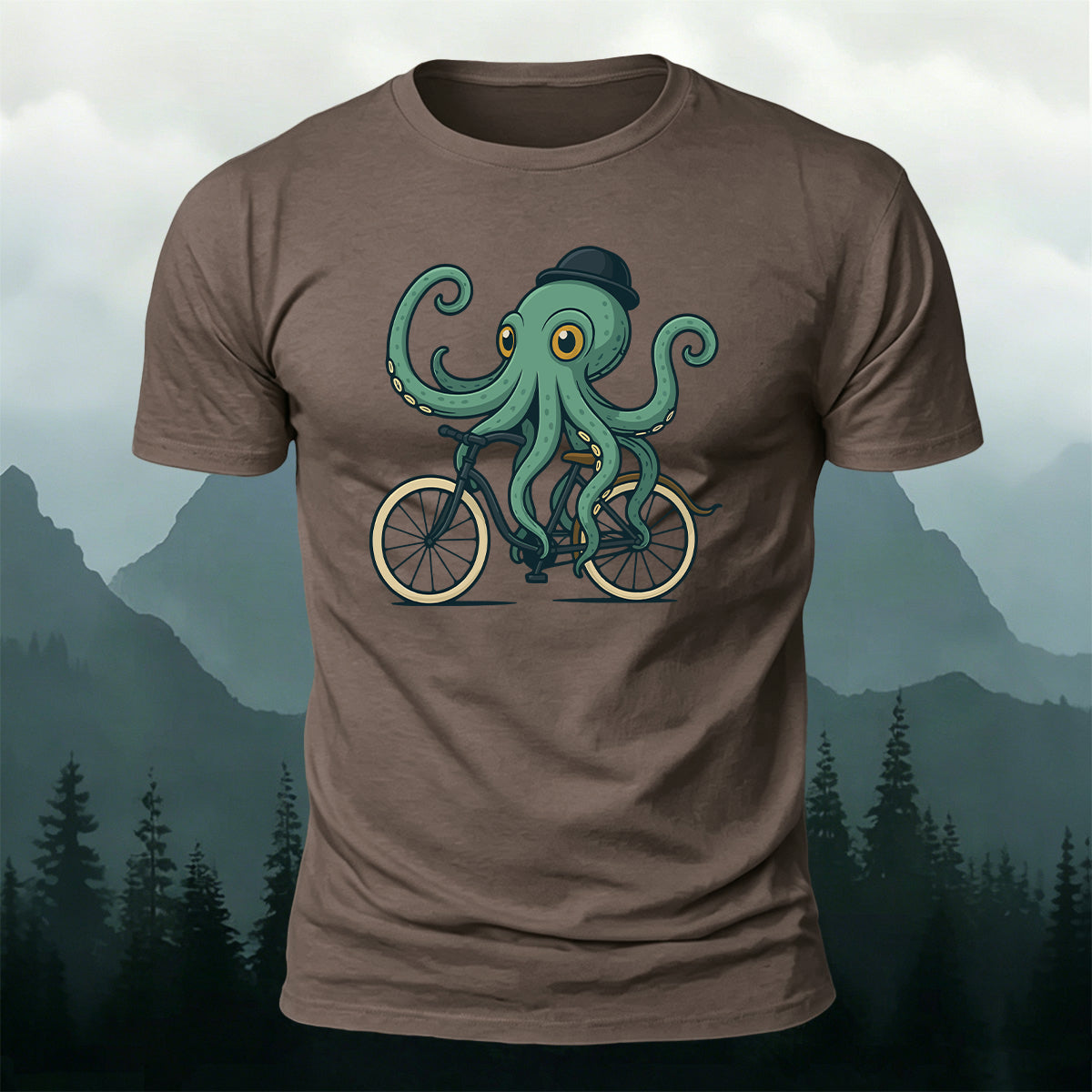 Green Fisherman's Cap Octopus Cycling Print Cotton T-Shirt