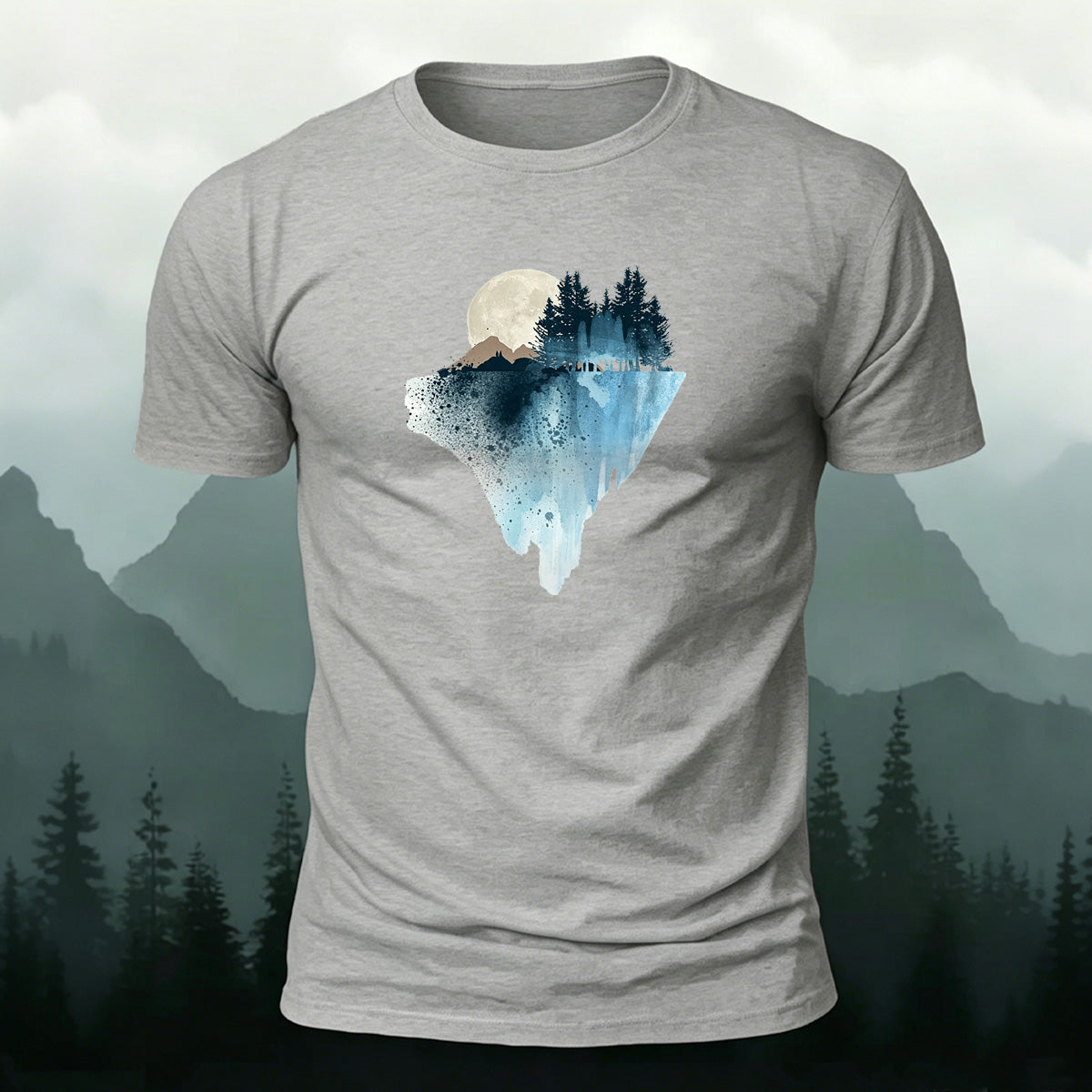 Natural Scenery Print Breathable Material Casual T-Shirt Grey