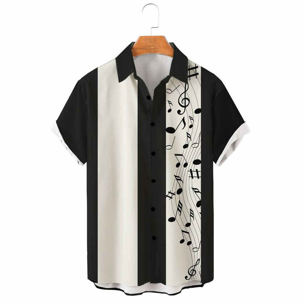 Musical Note Print Black-and-white Color-block Shirt