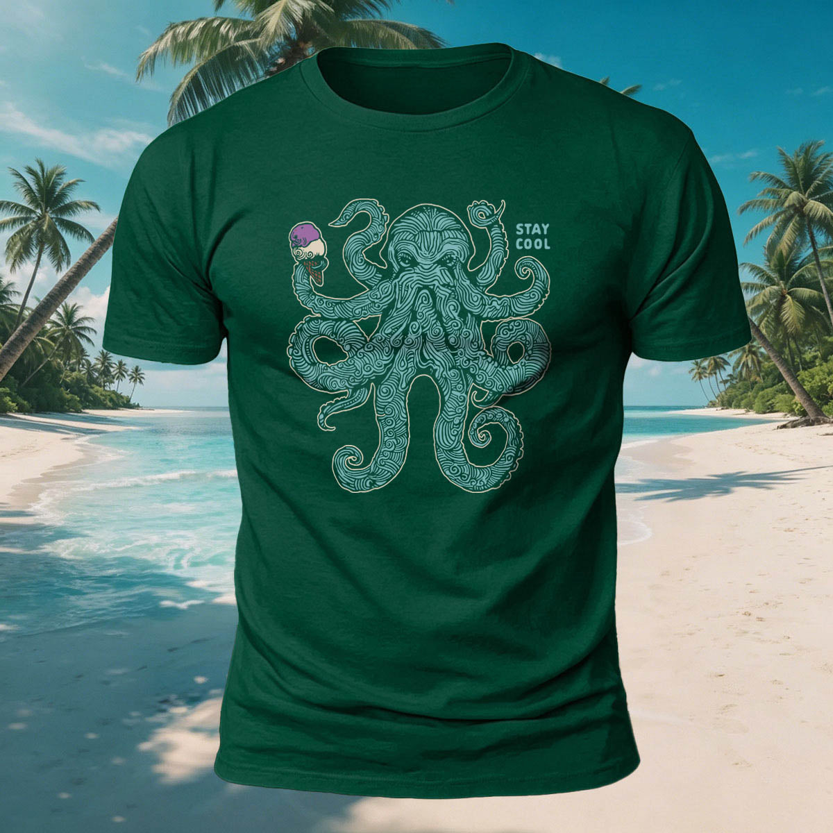 Octopus Eating Ice Cream Print Versatile Breathable Cotton Tee