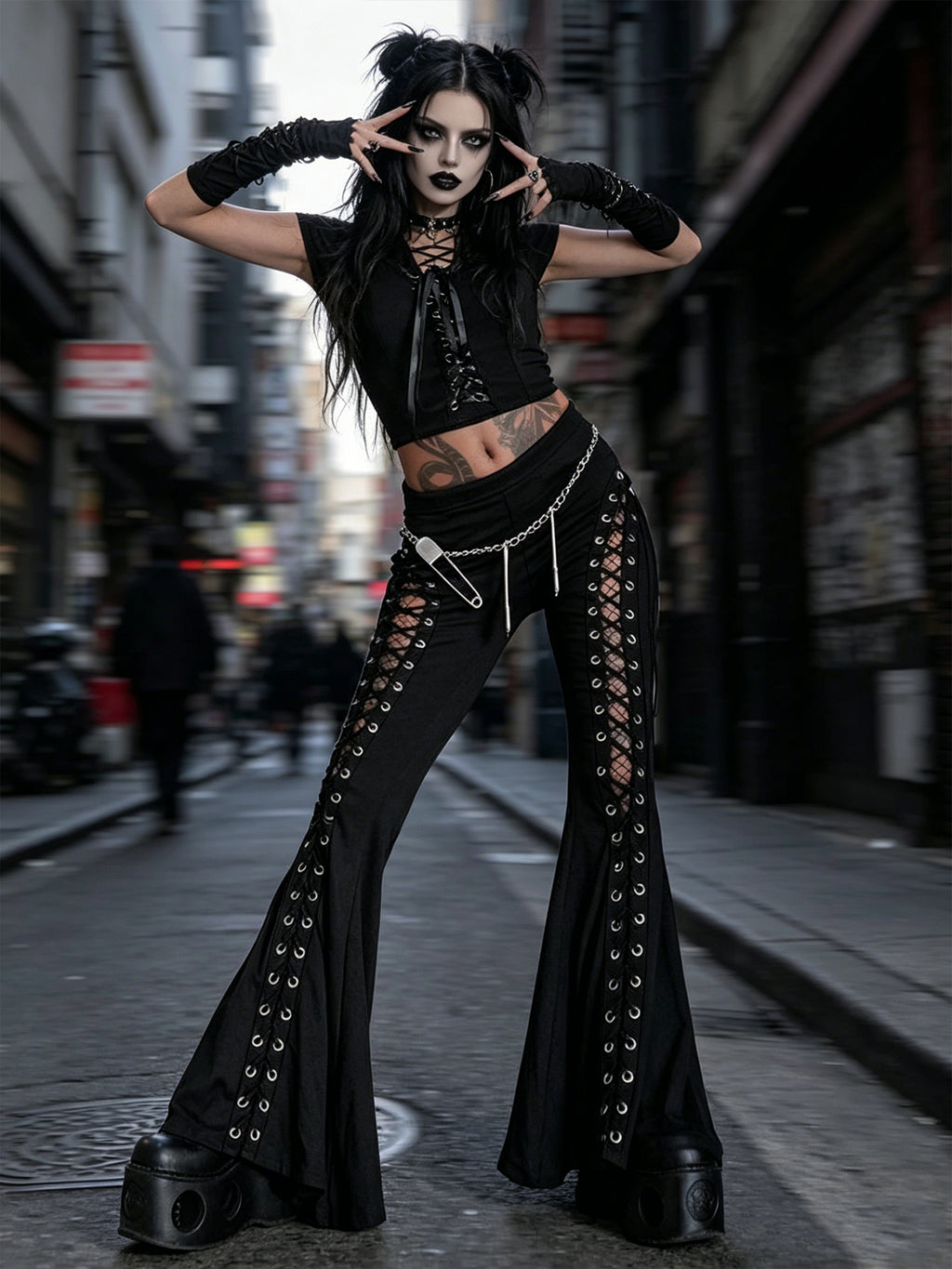 Dark Street Fashion Strap Bell-Bottom Pants