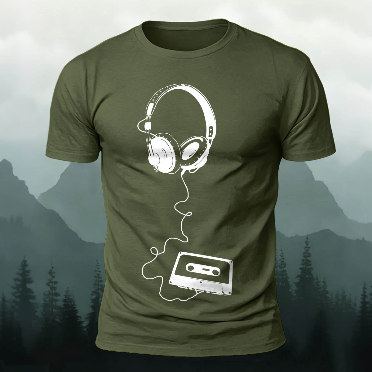Vintage Headphones Music Print Cotton T-Shirt