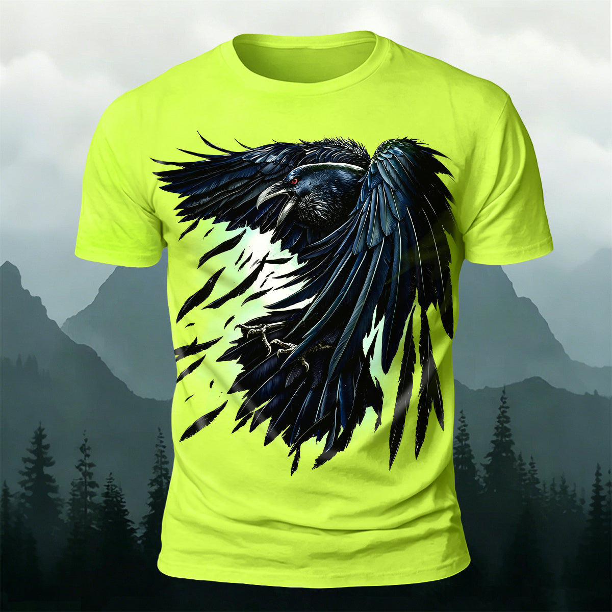 Retro Black Crow Feather Print Casual T-Shirt