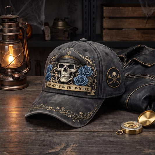 Cotton Skull Blue Rose Print Baseball Cap