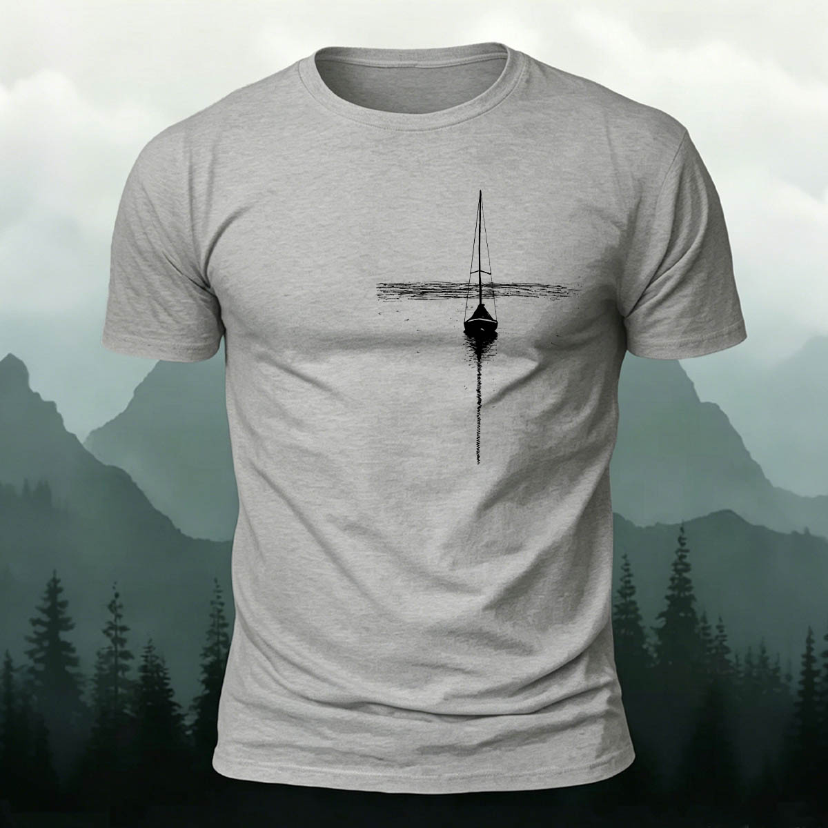 Silhouette of a Lonely Fishing Boat Print  Cotton T-Shirt