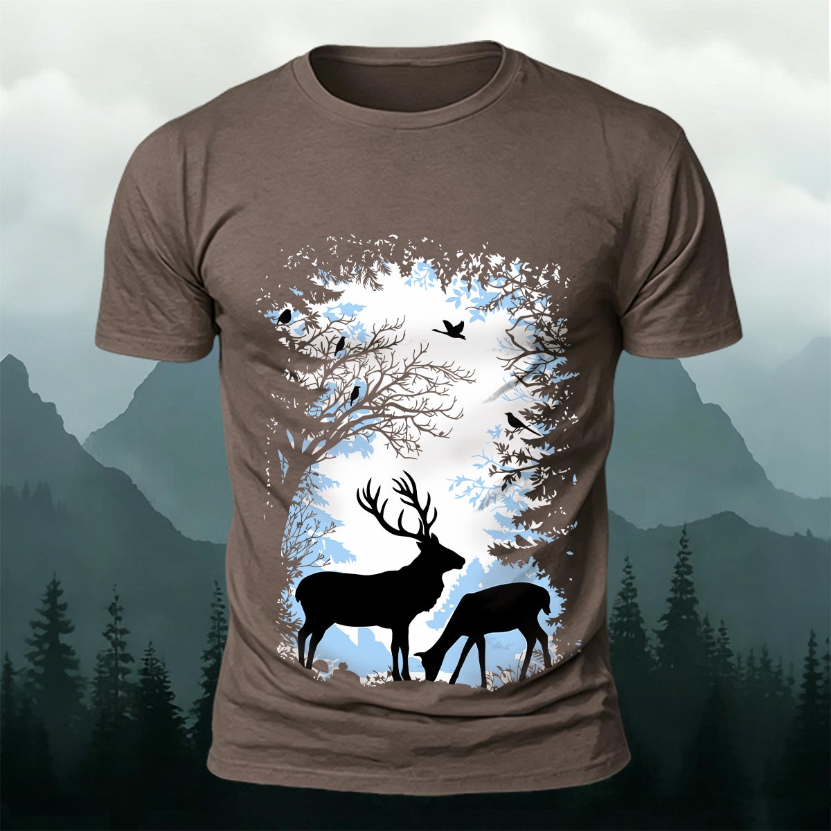 Forest and Deer Silhouette Print Crew-Neck T-Shirt
