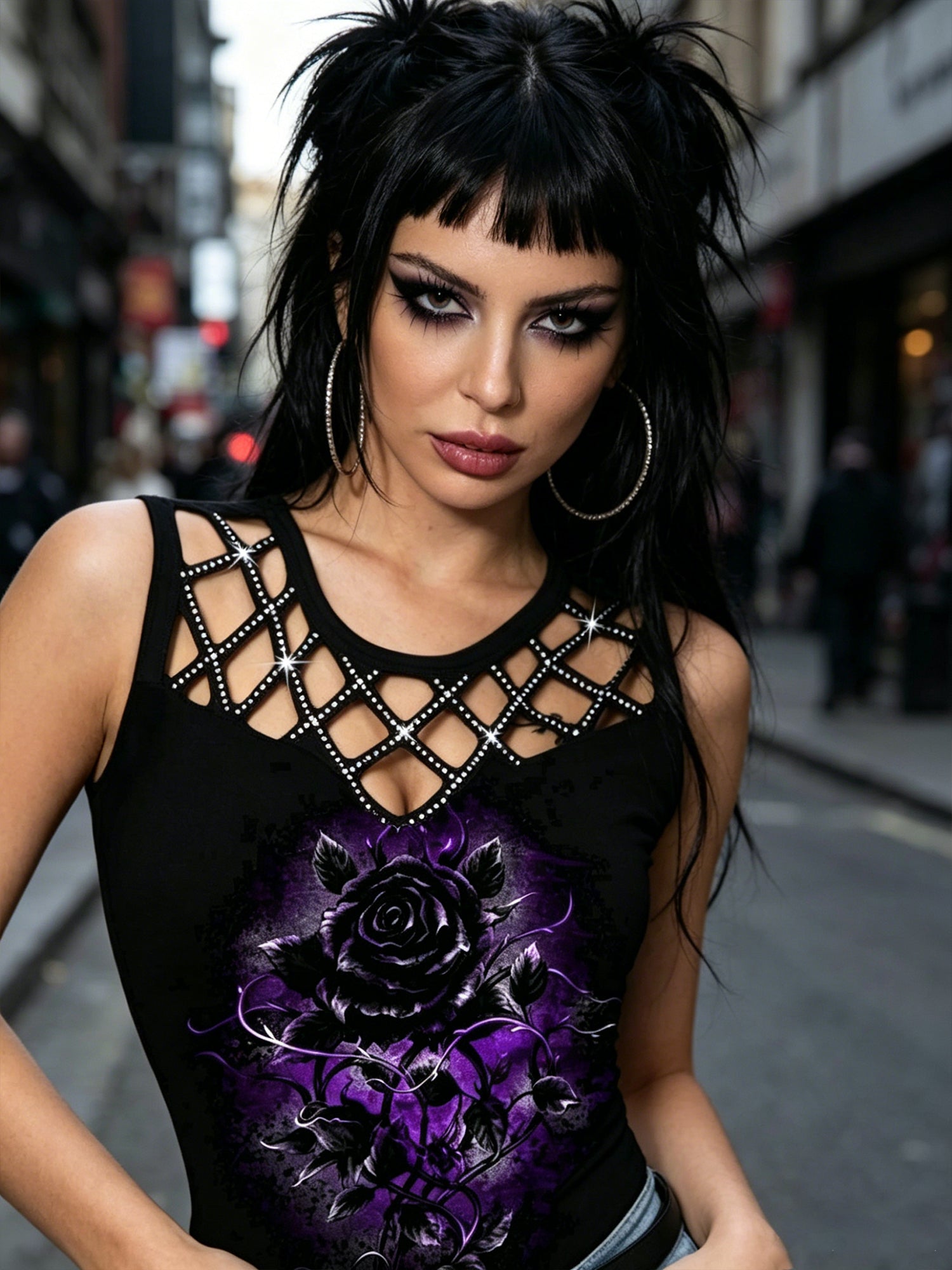 Openwork Patchwork Rose Print Women's Sleeveless Tank Top