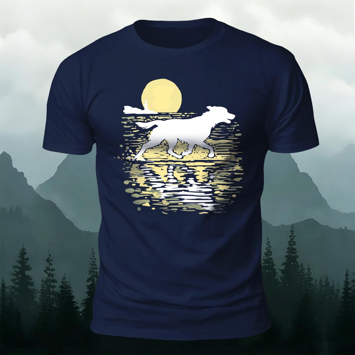 Wolf Running at Sunset Art Print Casual Cotton T-Shirt Navy