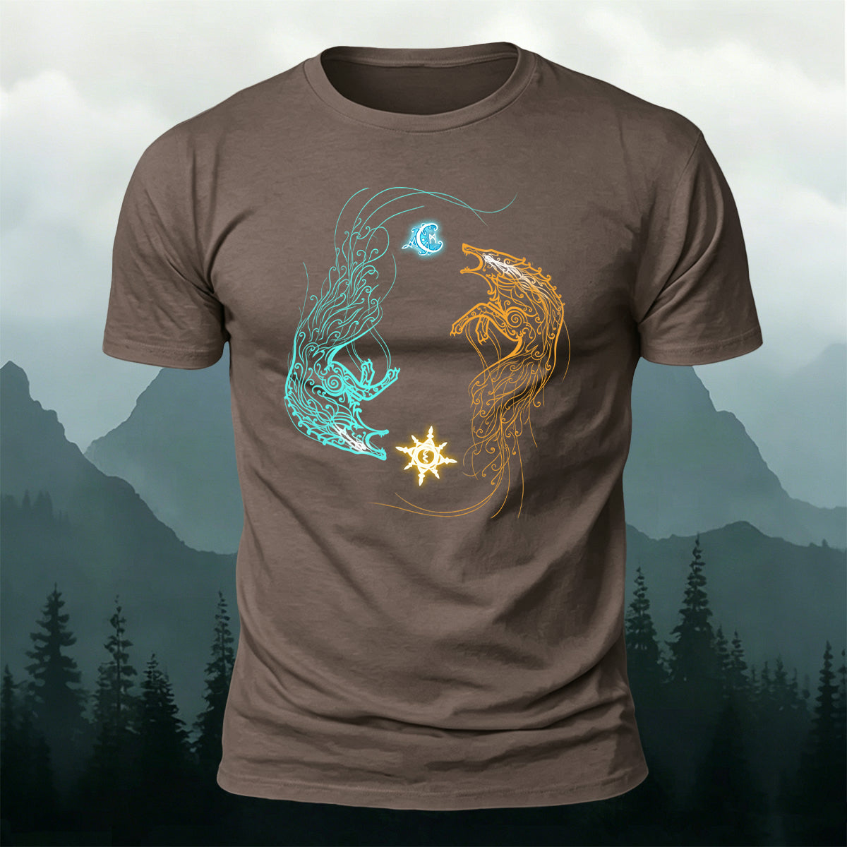 Sun and Moon Chasing Totem Print Versatile  Cotton Tee