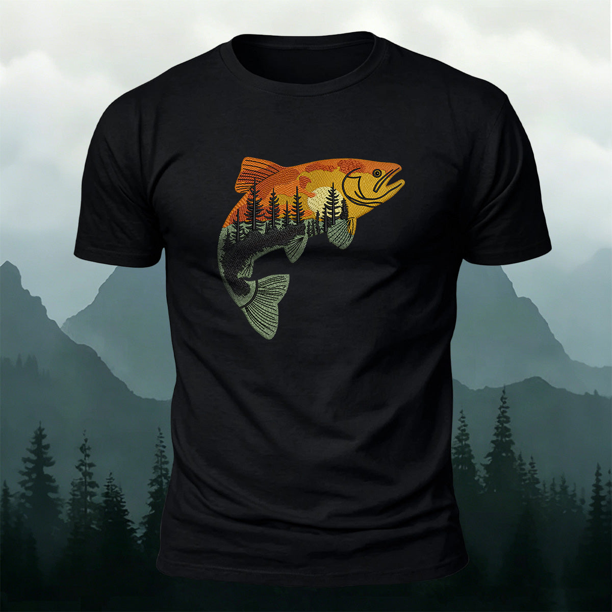 Forest Fish Illustrated Embroidered 100% Cotton Tee