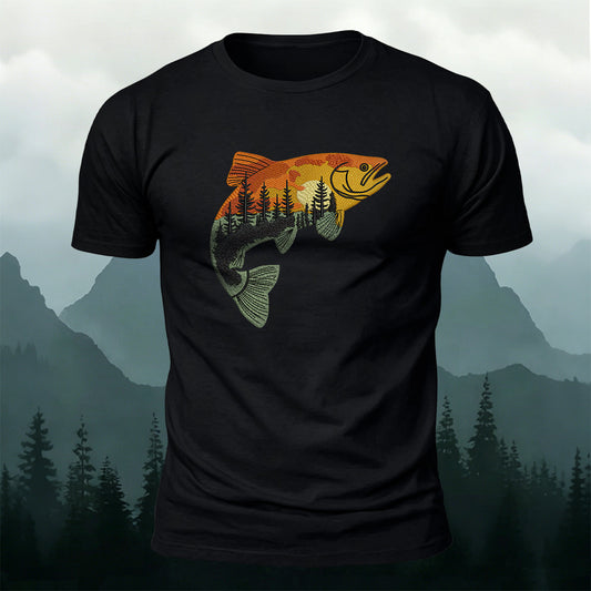 Forest Fish Illustrated Embroidered 100% Cotton Tee