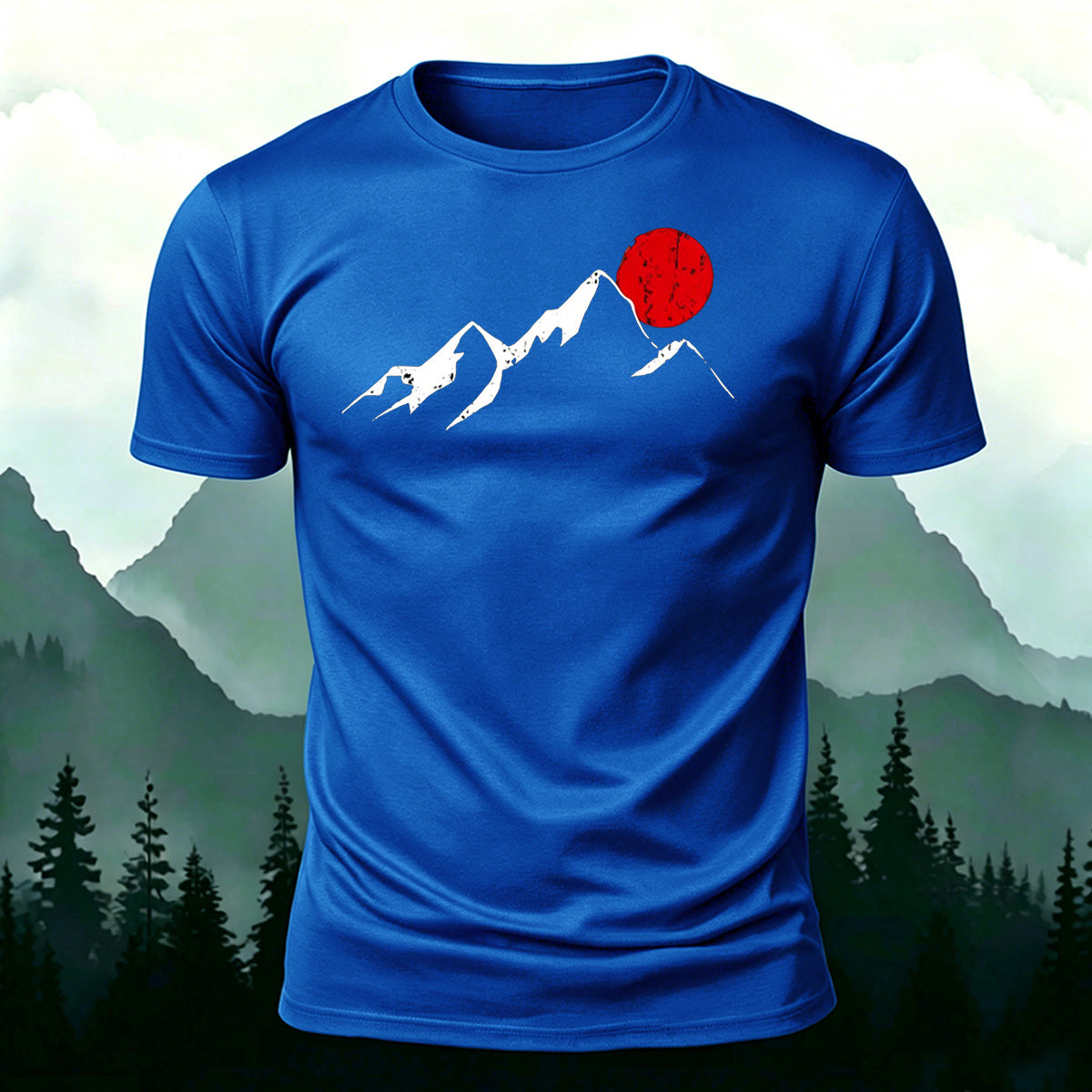 Sunrise Pattern Outdoor Casual Premium Cotton T-Shirt Blue