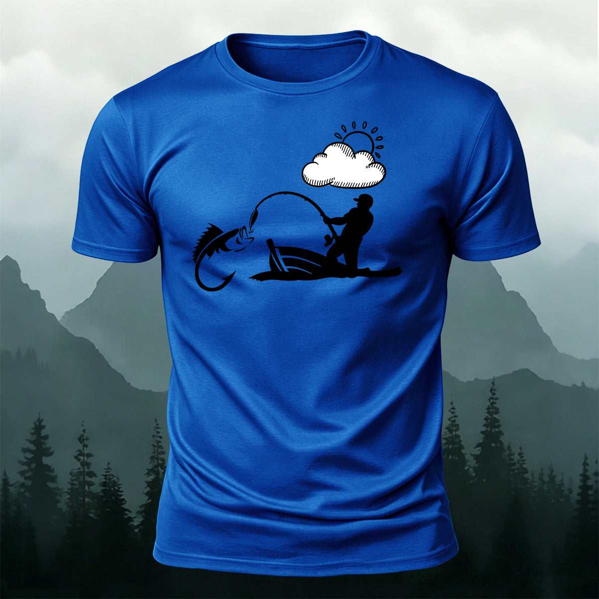 Outdoor Fishing Silhouette Print  Round-Neck Cotton T-Shirt