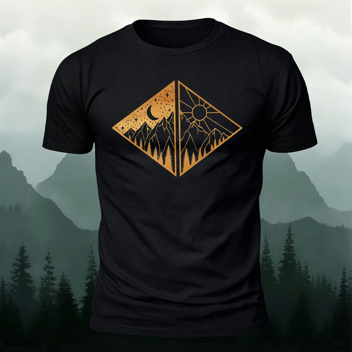 Landscape Art Frame Printed Mountain-style Casual T-Shirt Black