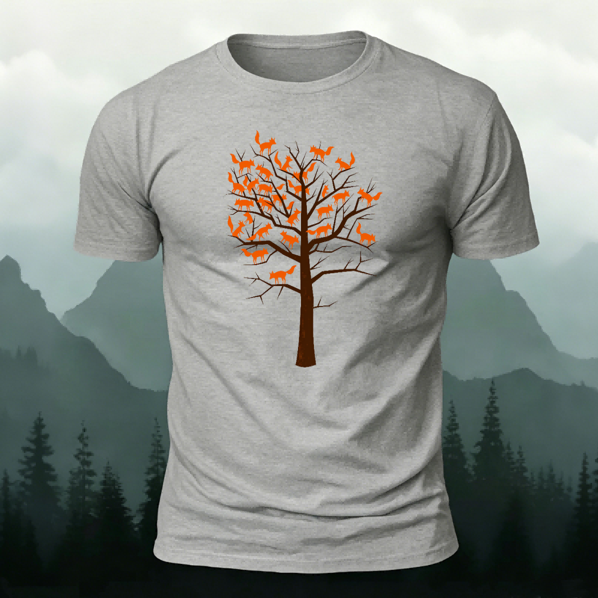 Foxes and Tree Art Pattern Casual Cotton T-Shirt Grey