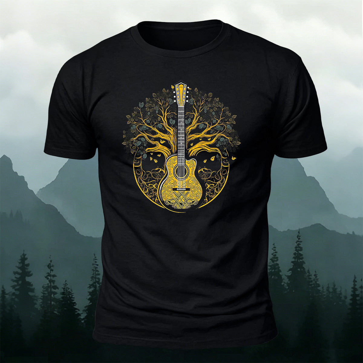 Guitar God Tree Trend-Print Casual Cotton T-Shirt