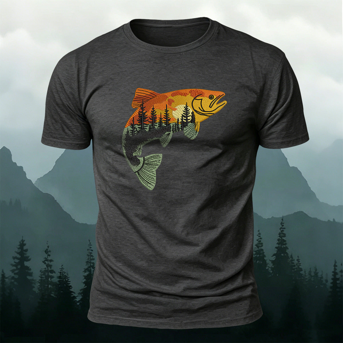 Forest Fish Illustrated Embroidered 100% Cotton Tee
