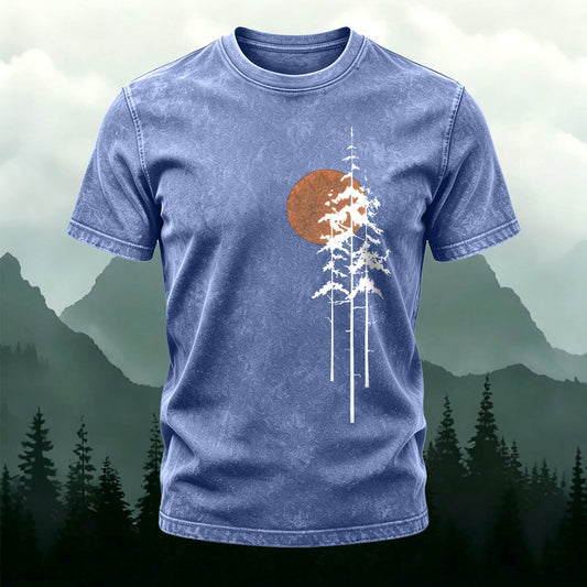 Water-Washed Cotton Red Sun Print Slim-Fit Casual T-Shirt