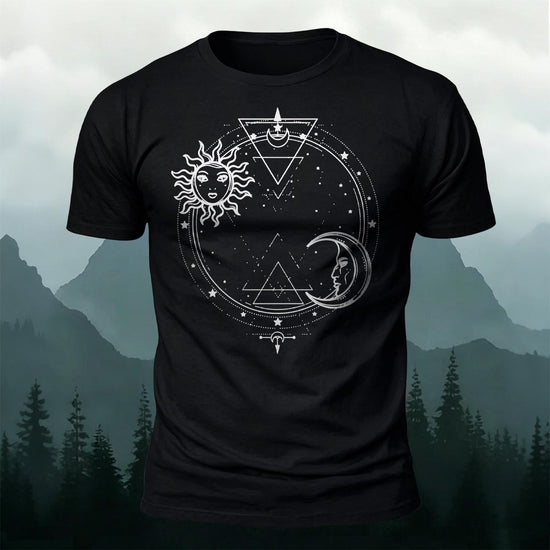 Sun and Moon Print Casual Cotton T-Shirt Black