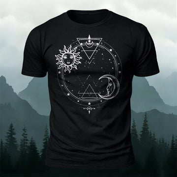 Sun and Moon Print Casual Cotton T-Shirt Black