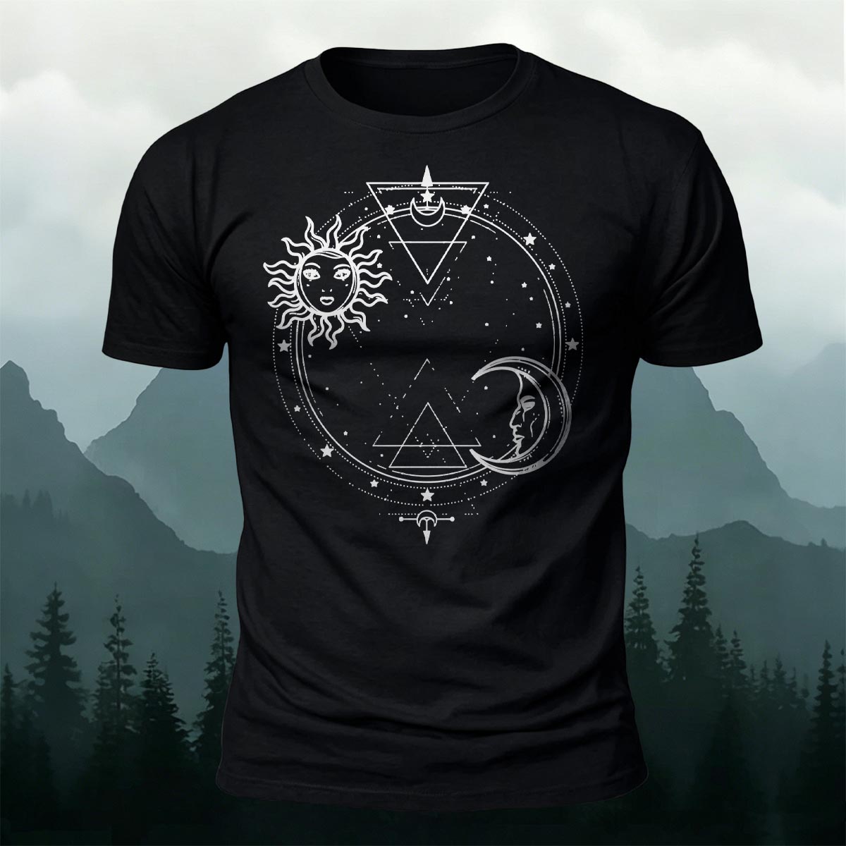 Sun and Moon Print Casual Cotton T-Shirt Black
