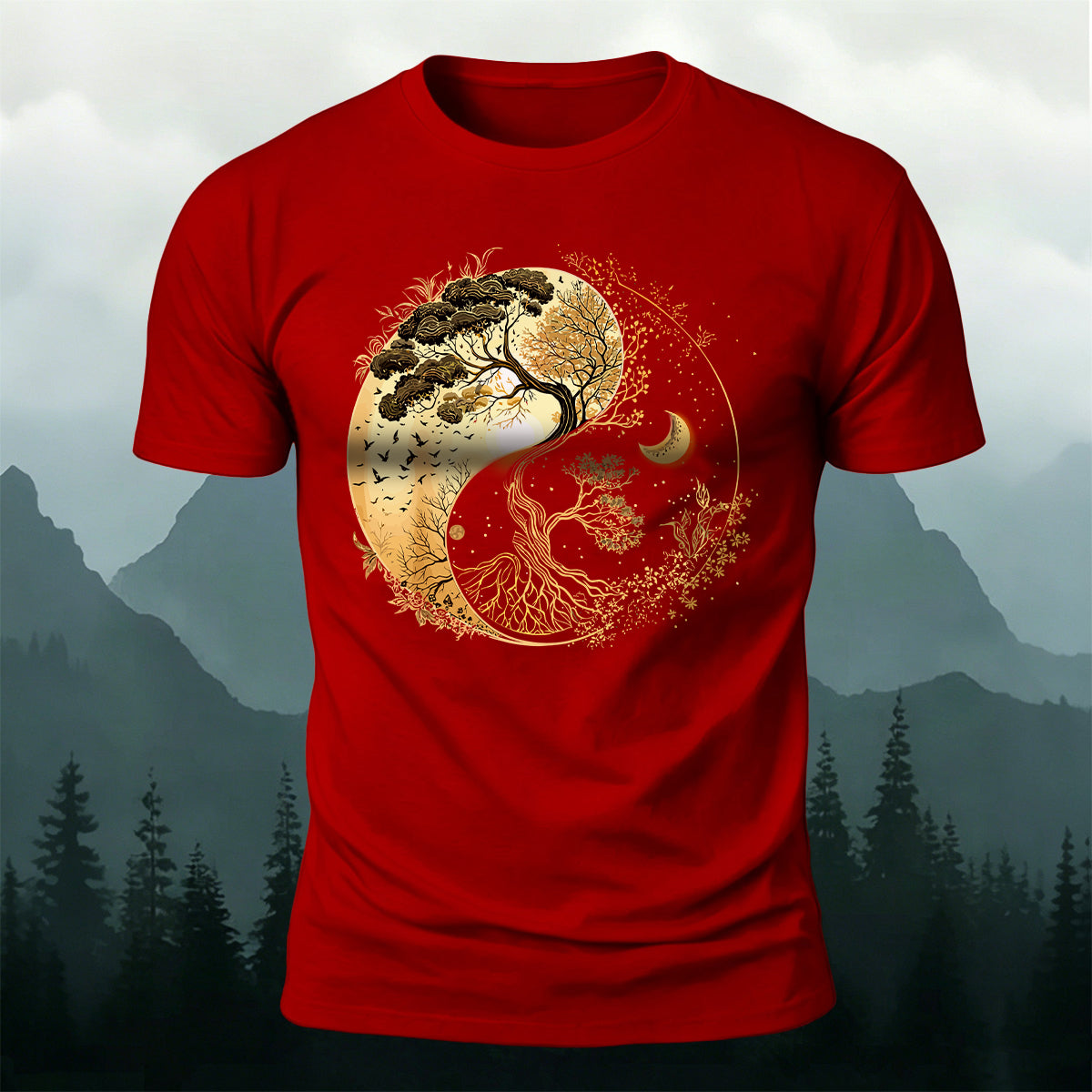 Yin-Yang Tai Chi Tree Design Casual Cotton T-Shirt Red