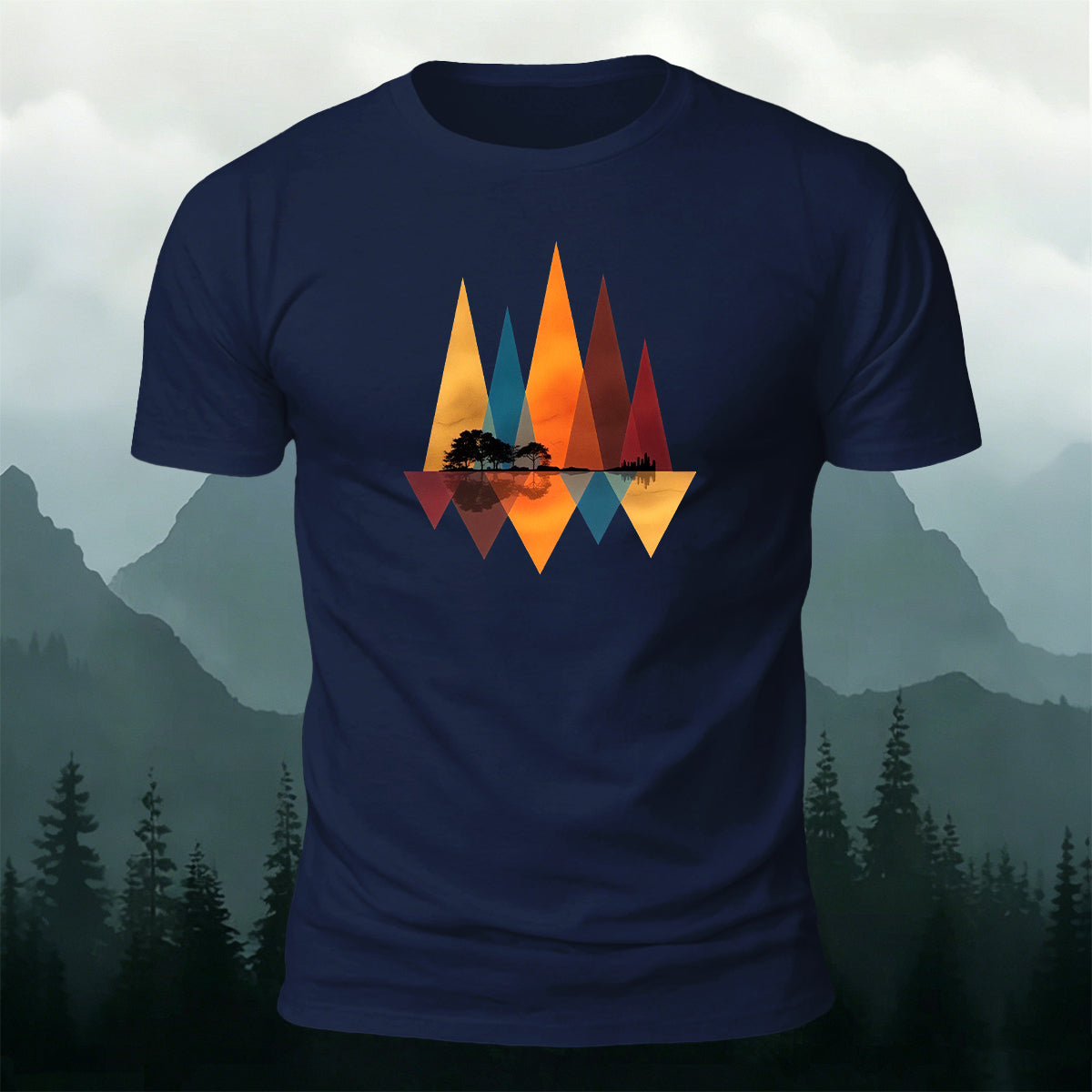 Geometric Mountain Reflection Print Cotton T-Shirt
