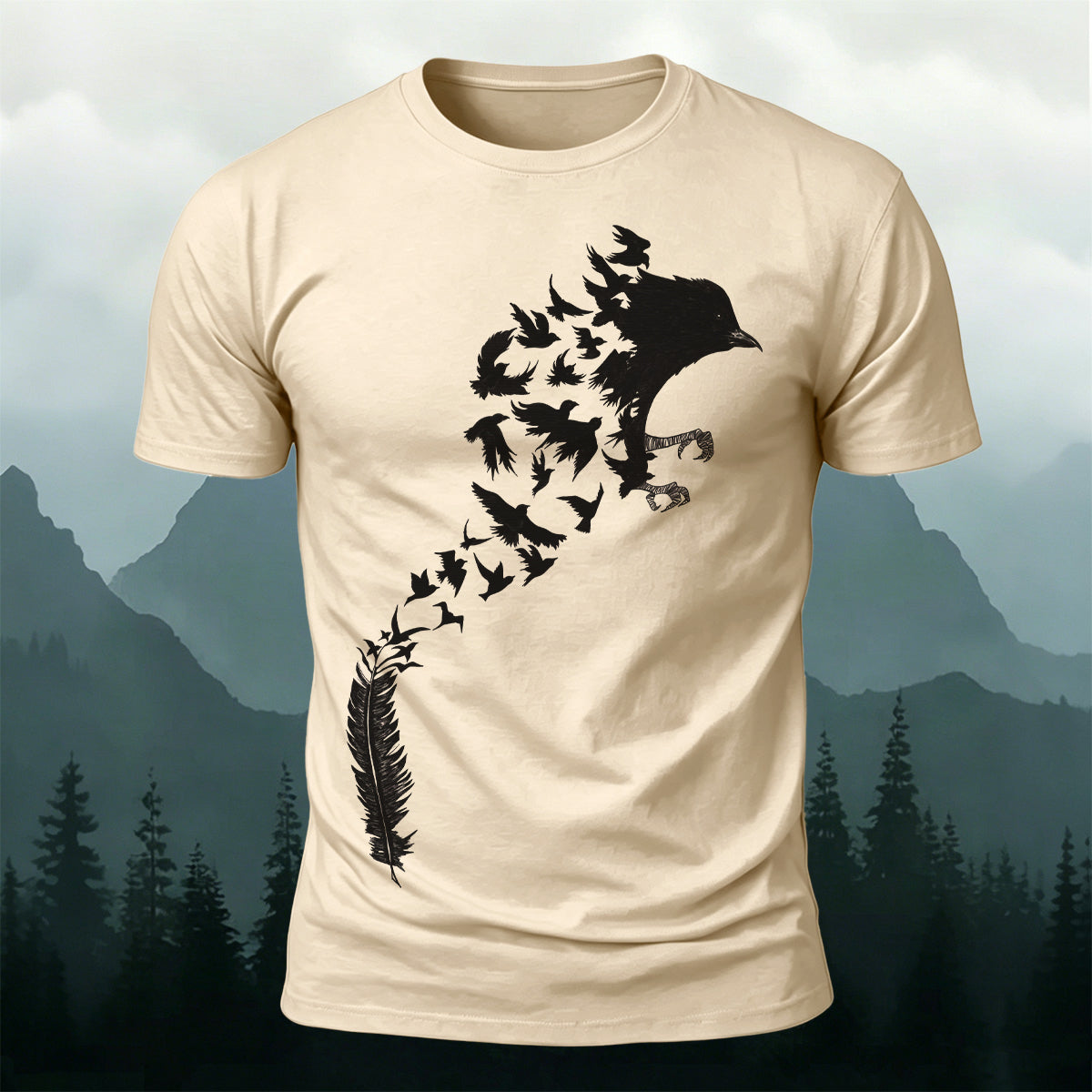 Artistic Bird Print Natural Premium Cotton T-Shirt