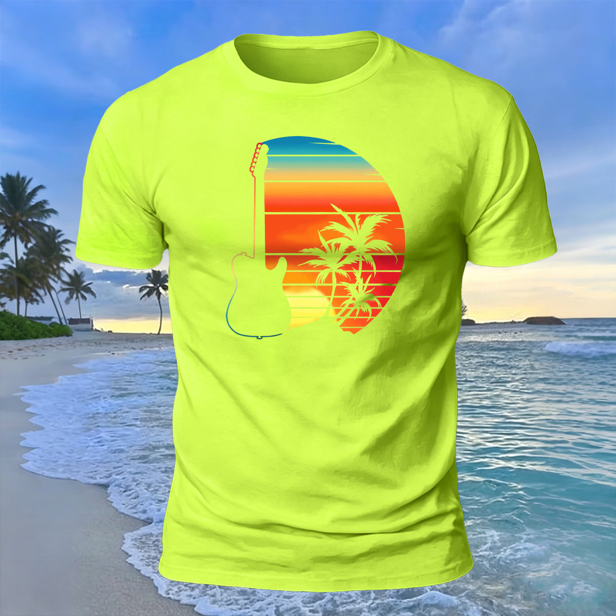 Beach Sunset Openwork Guitar Print Cotton T-Shirt NG