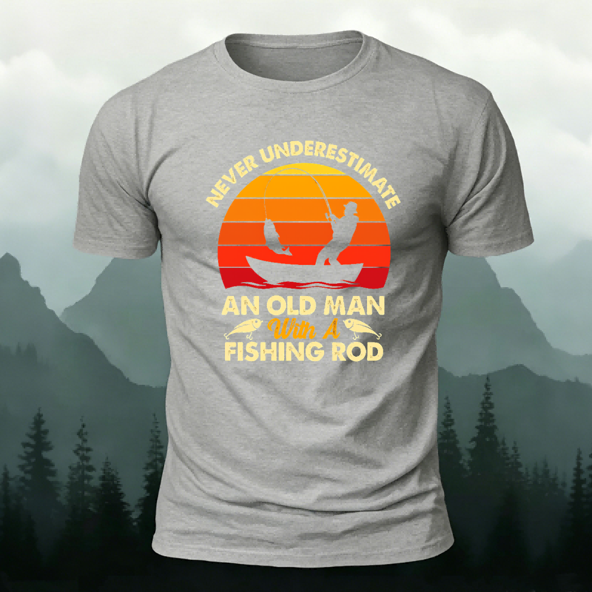 Enjoying Fishing Pattern Casual Daily Cotton T-shirt Grey