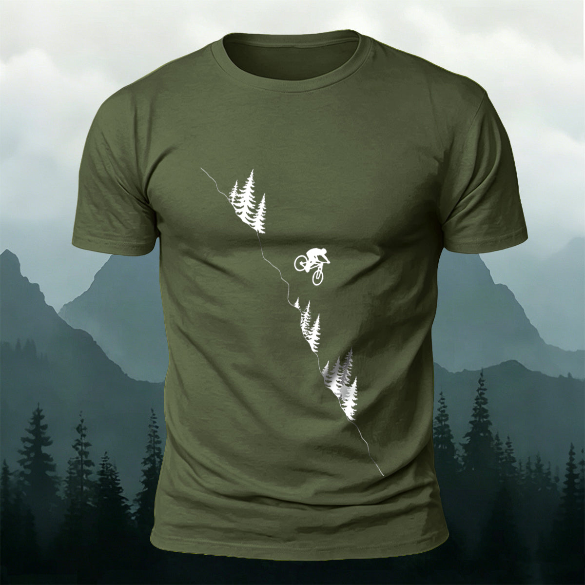 Mountain and Forest Cycling Silhouette Print  Cotton Outdoor T-Shirt